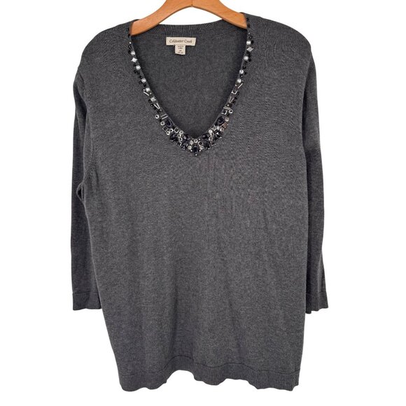 Coldwater Creek Womens Beaded V-Neck Sweater size 2X plus Gray 3/4 sleeve - Picture 1 of 13